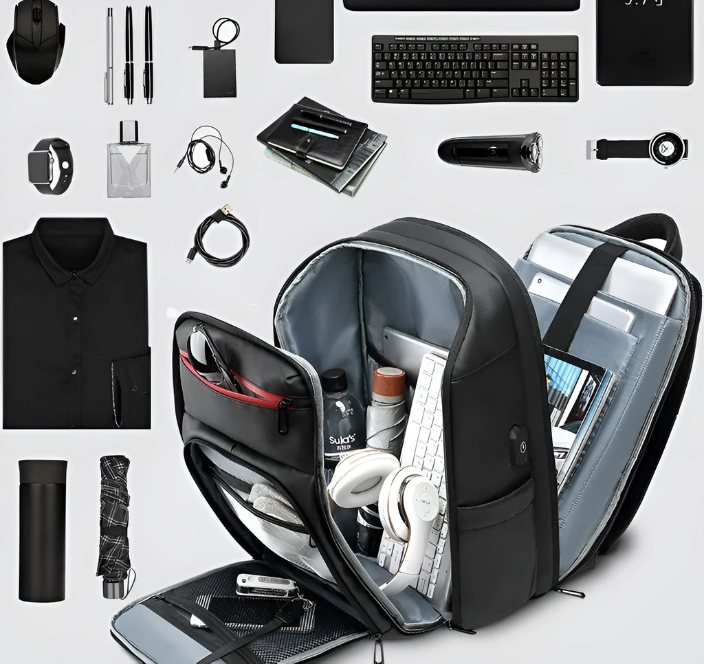 Black waterproof PVC backpack with USB charge port and compartments for 15.6 inch laptop