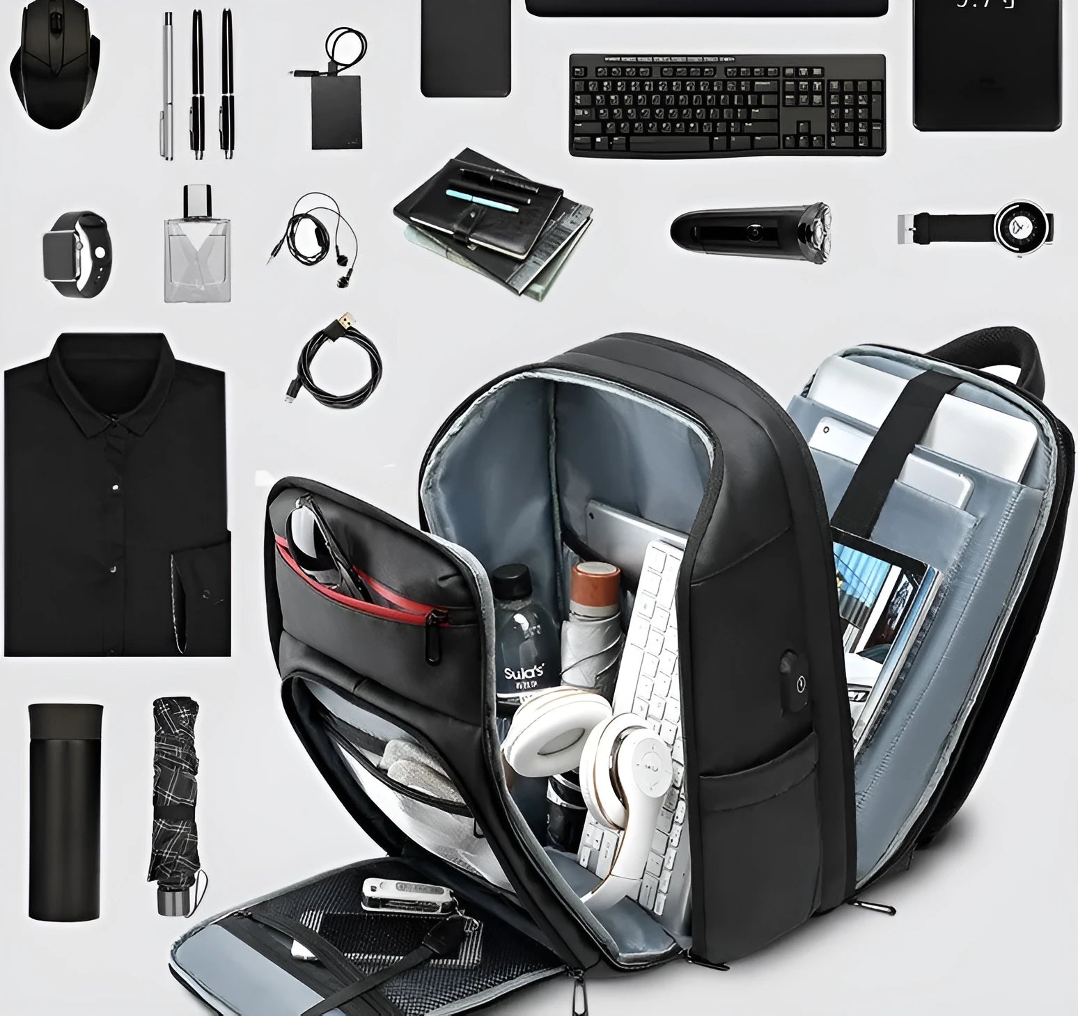 Black waterproof PVC backpack with USB charge port and compartments for 15.6 inch laptop