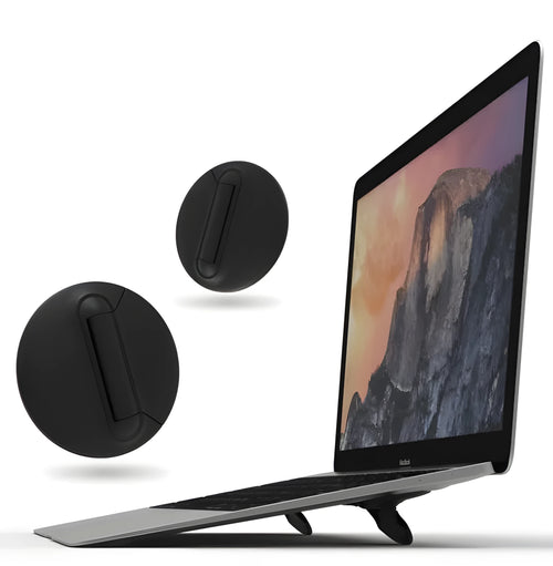 Adjustable mini portable invisible laptop stand in black ABS plastic, 50x50x6.5mm, two-pack