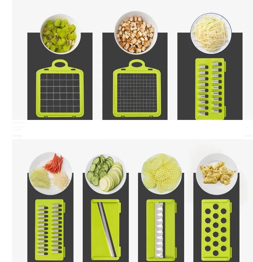 Multifunctional vegetable cutter with 7 stainless steel blades on a kitchen countertop