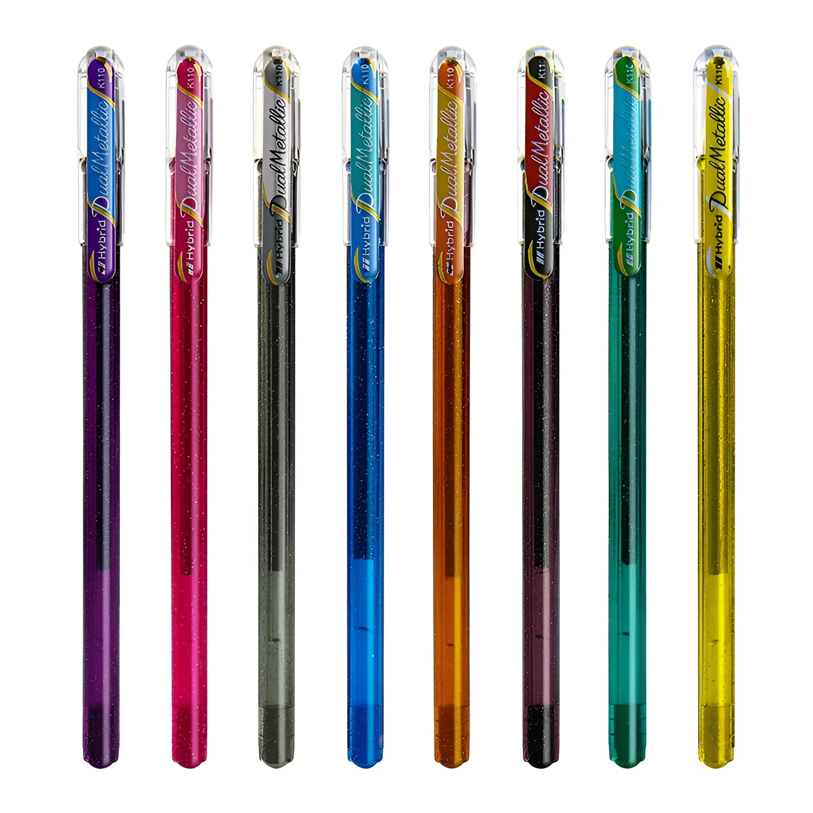 Flash K110 1.0mm gel pen with pearlescent glitter ink in eight colour options on white paper.