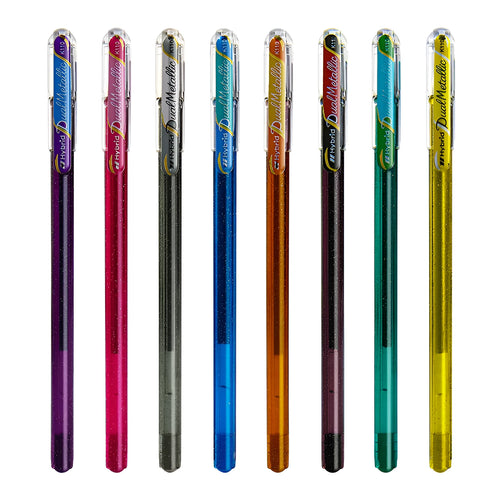 Flash K110 1.0mm gel pen with pearlescent glitter ink in eight colour options on white paper.