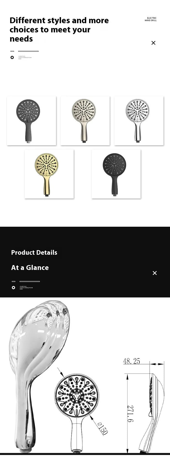 A 6-inch handheld shower head with an electroplated finish, showing its six-function dial.