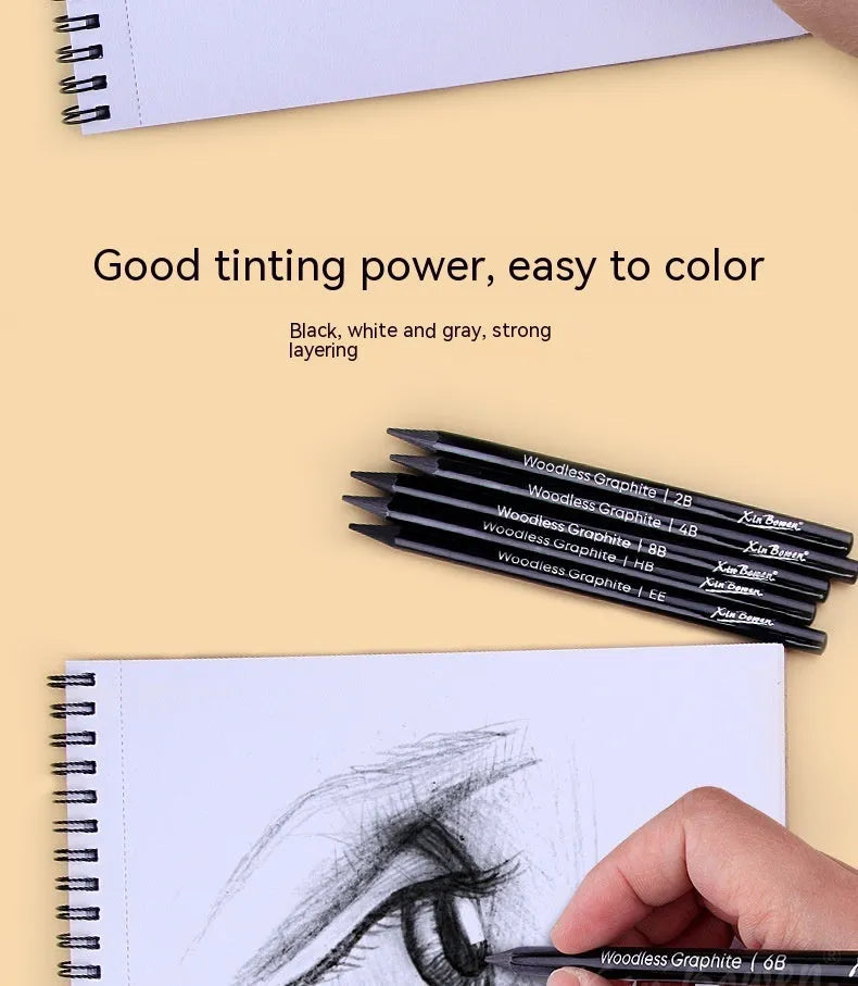 Set of wood-free graphite sketching pencils in grades HB, 2B, 4B, 6B, 8B, and EE.