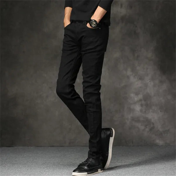 Black slim-fit stretch men's cotton pants, tight cut, sizes 27 to 36 with full cm size chart