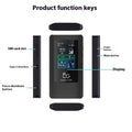 Black portable 5G Wi-Fi router with LCD display showing connectivity status and battery level