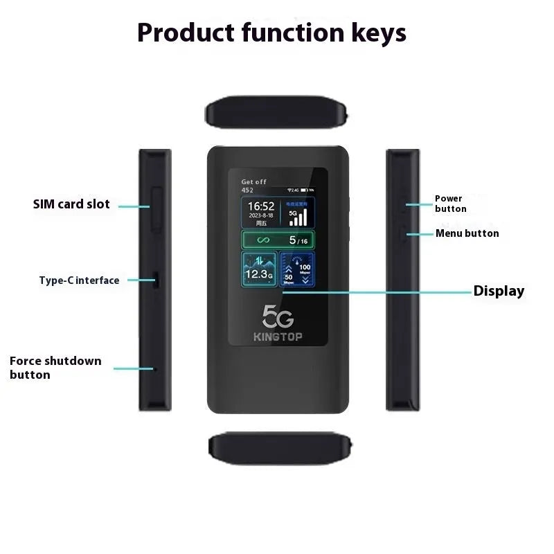 Black portable 5G Wi-Fi router with LCD display showing connectivity status and battery level