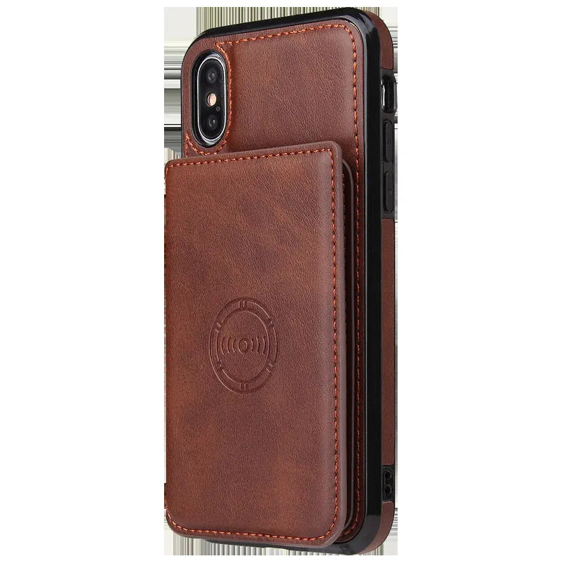 Slim imitation leather iPhone wallet case in multiple colours showing card slots on the back.
