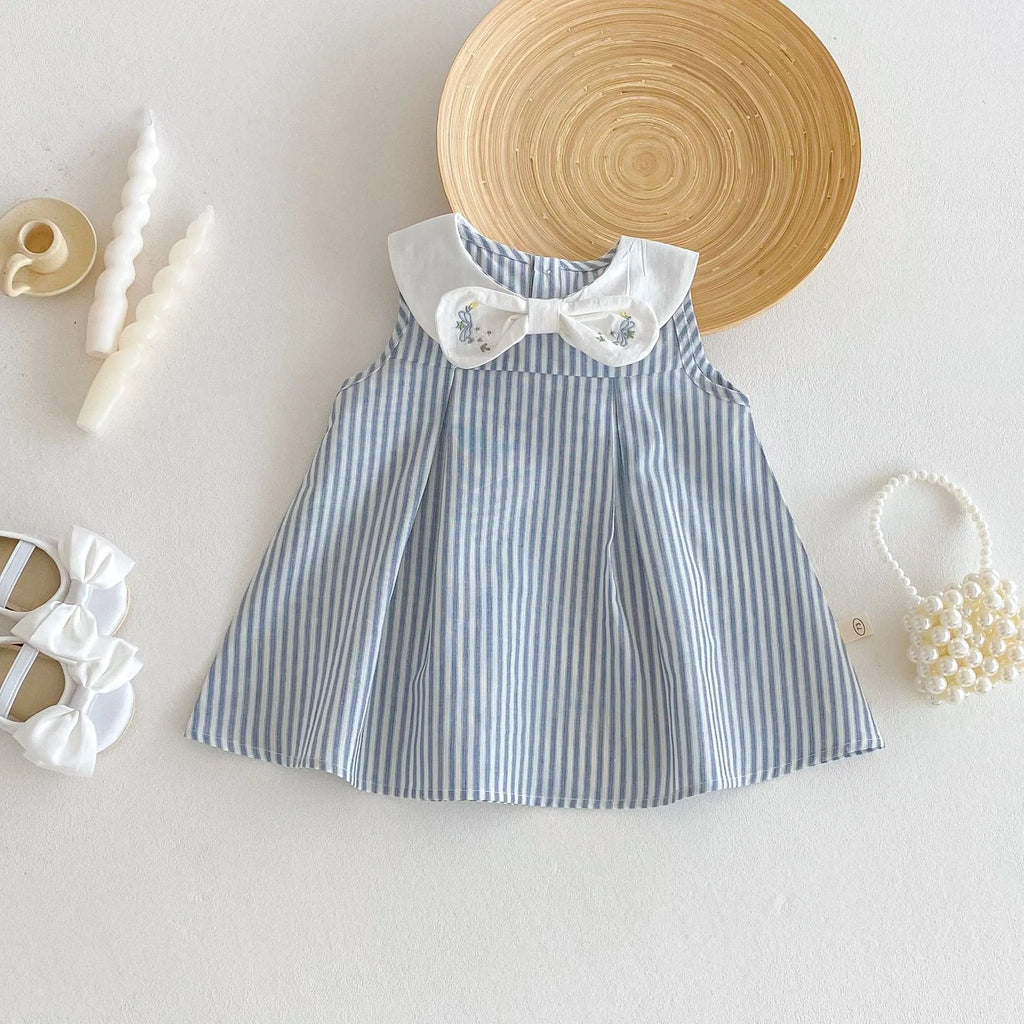 Summer baby bowknot embroidered vest dress in soft fog blue cotton, sleeveless, for girls 73-120 cm