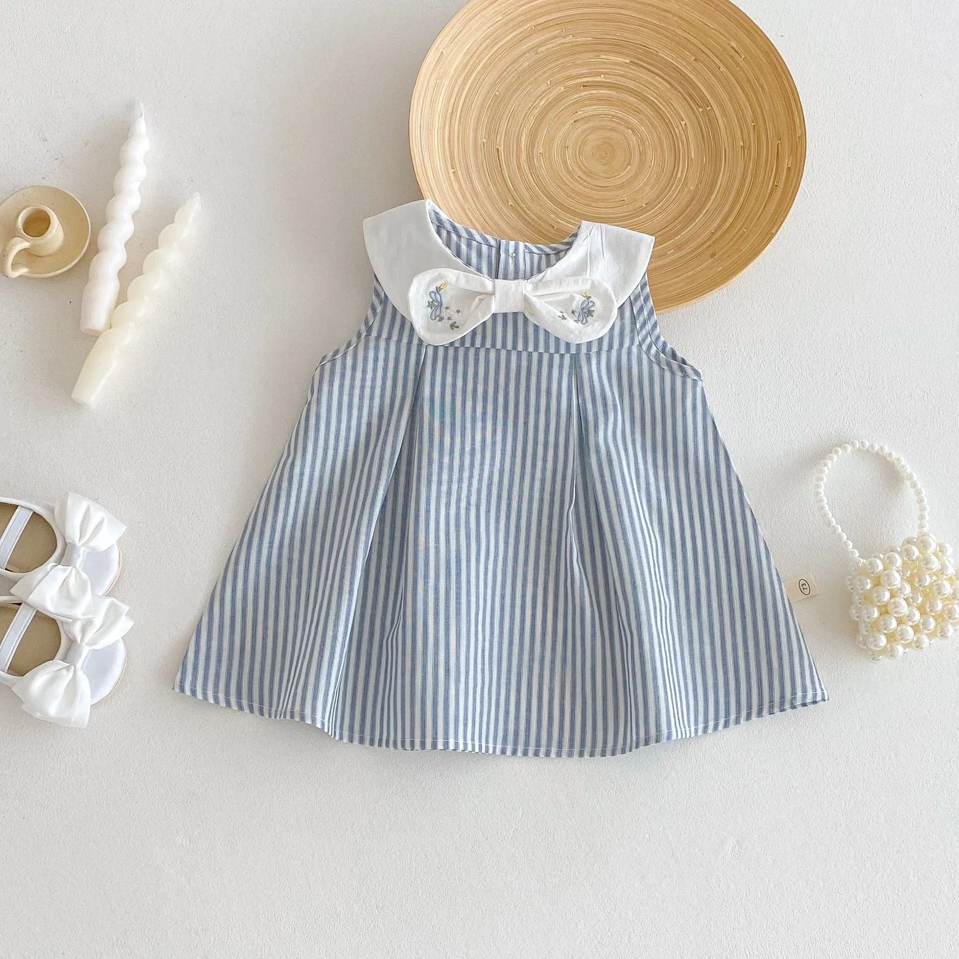 Summer baby bowknot embroidered vest dress in soft fog blue cotton, sleeveless, for girls 73-120 cm