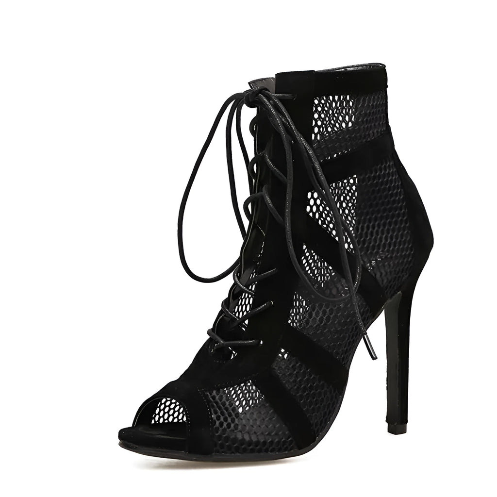 Black suede women's lace-up high heel shoes with an 11.5cm heel on a plain background