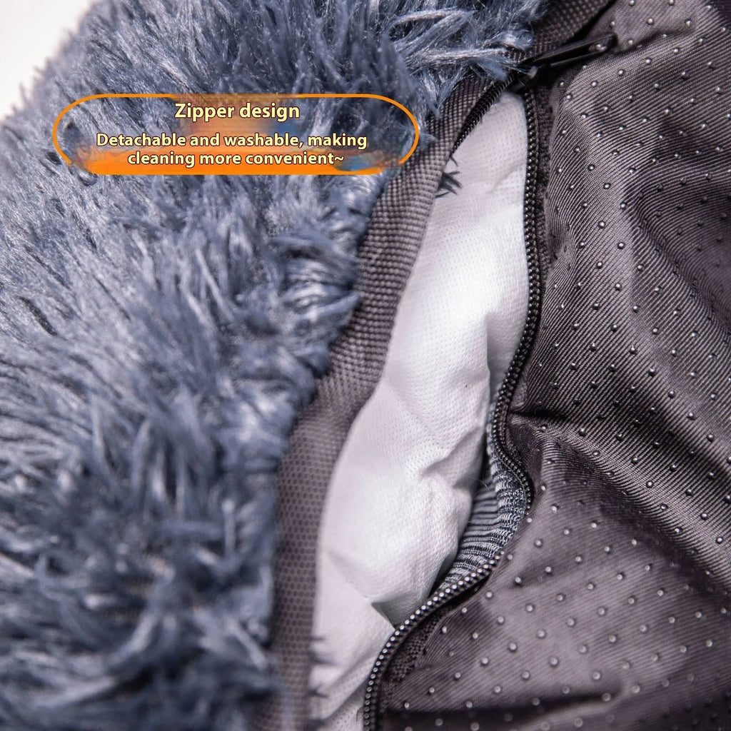 Beige fleece-lined pet mat with high sides placed on a grey car seat, showing its 50cm height and contained design.