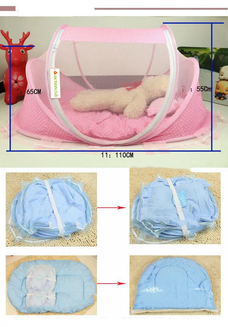 Foldable baby bed net 110x65x60cm with mattress and pillow, mesh cloth and steel wire frame, blue or pink