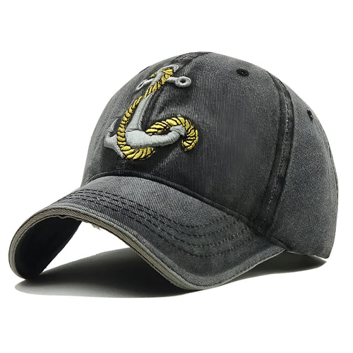 Anchor embroidered cotton baseball cap in Khaki colour, front view, showing adjustable back strap.