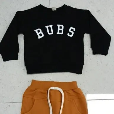Boys' cotton letter print top and full-length trousers set in black, white or grey, sizes 70cm to 130cm