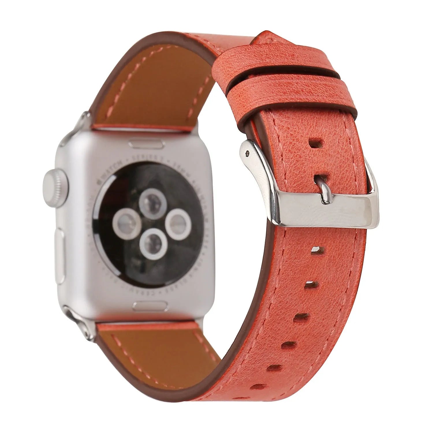 Leather watch strap with a metal folding buckle on a wooden surface.