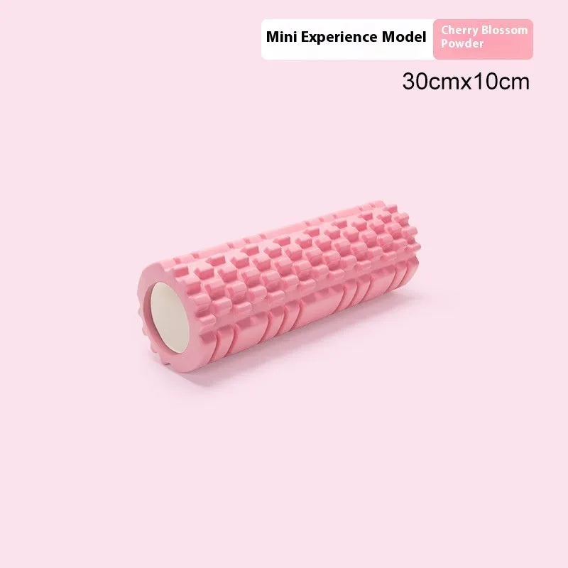 A firm EVA foam roller for fitness and yoga, shown in a selection of colours including black, pink, and sky blue.