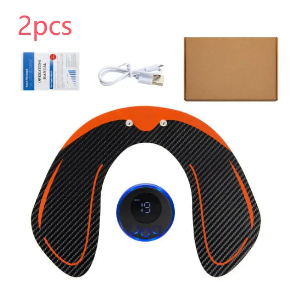 Compact EMS hip muscle training stimulator device with adhesive gel pads for buttocks and abdomen.