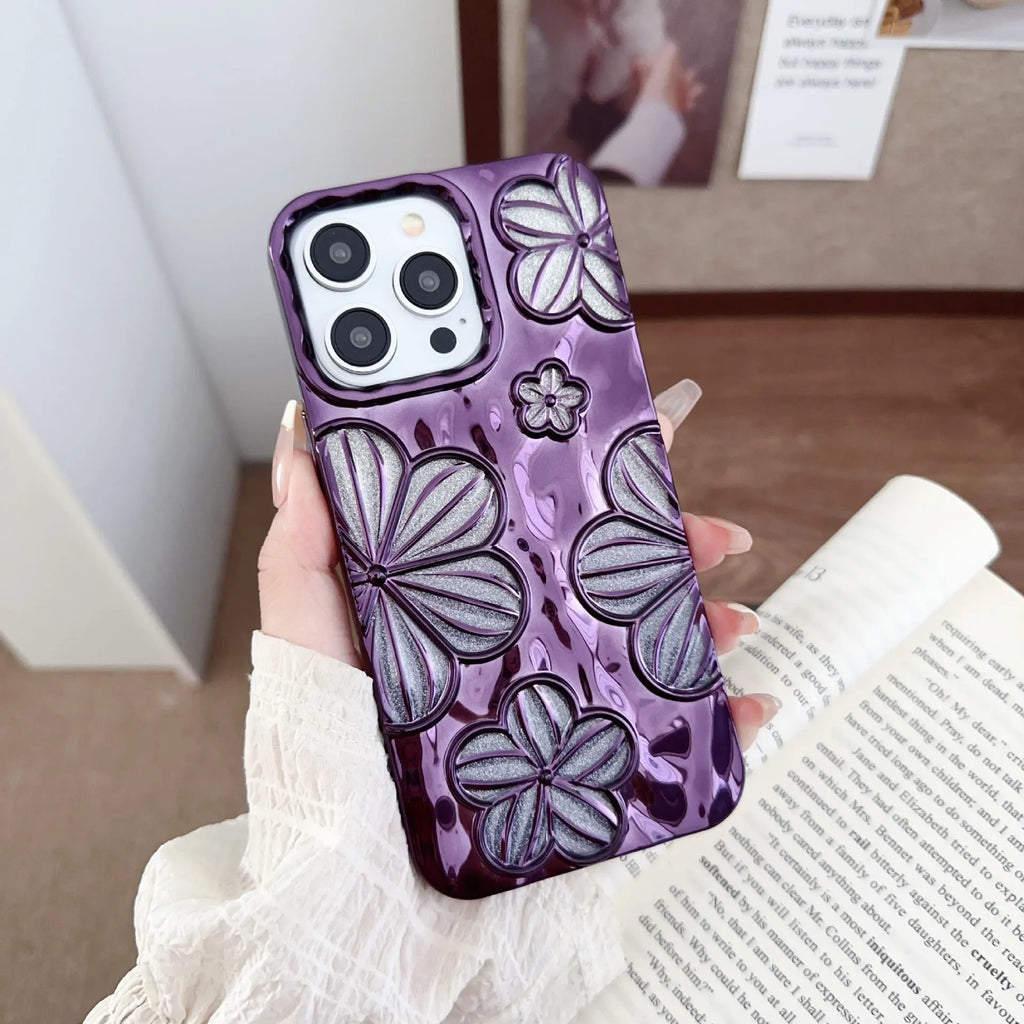 Electroplating pleated flower iPhone case in gold with soft shell and fall protection, for iPhone 11 to 15 Pro Max