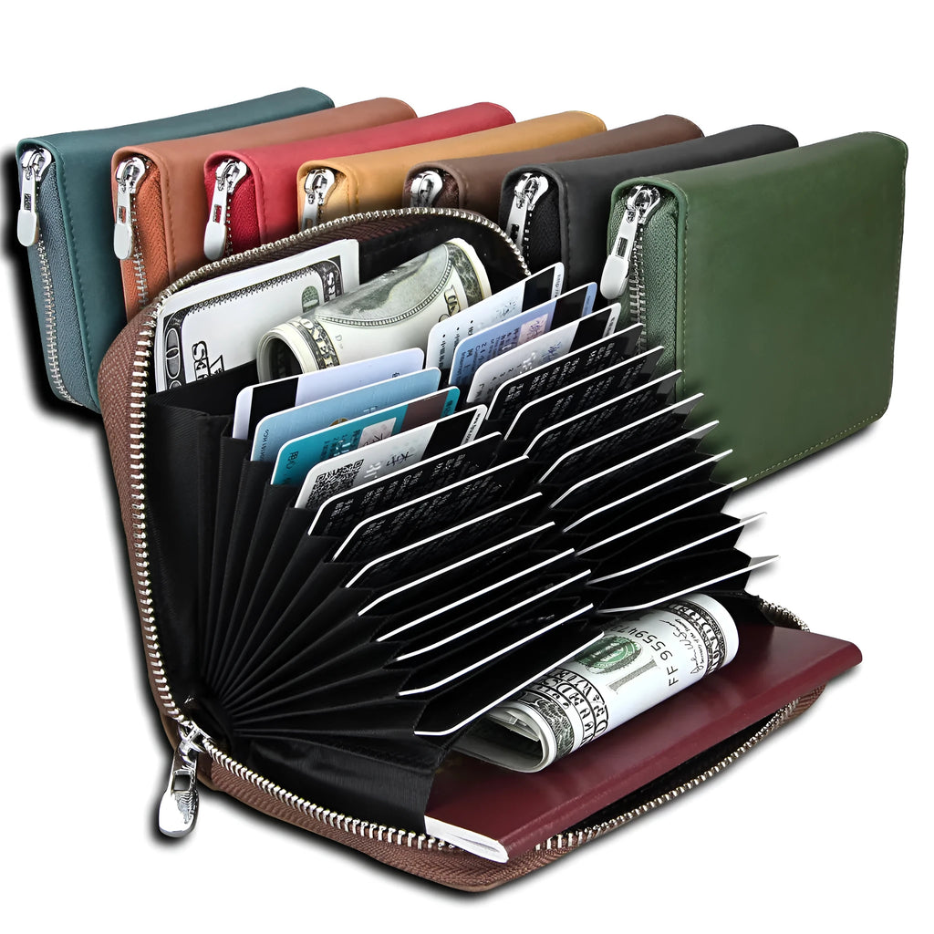 Cowhide expanding card holder and passport wallet in ink black, retro coffee, dark blue, olive green, pomegranate red, bean sand, or apricot yellow.