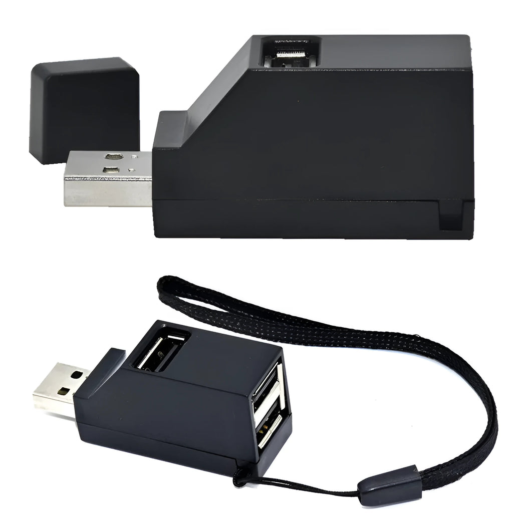 USB 2.0 mini portable splitter hub in black with four ports for laptop and desktop