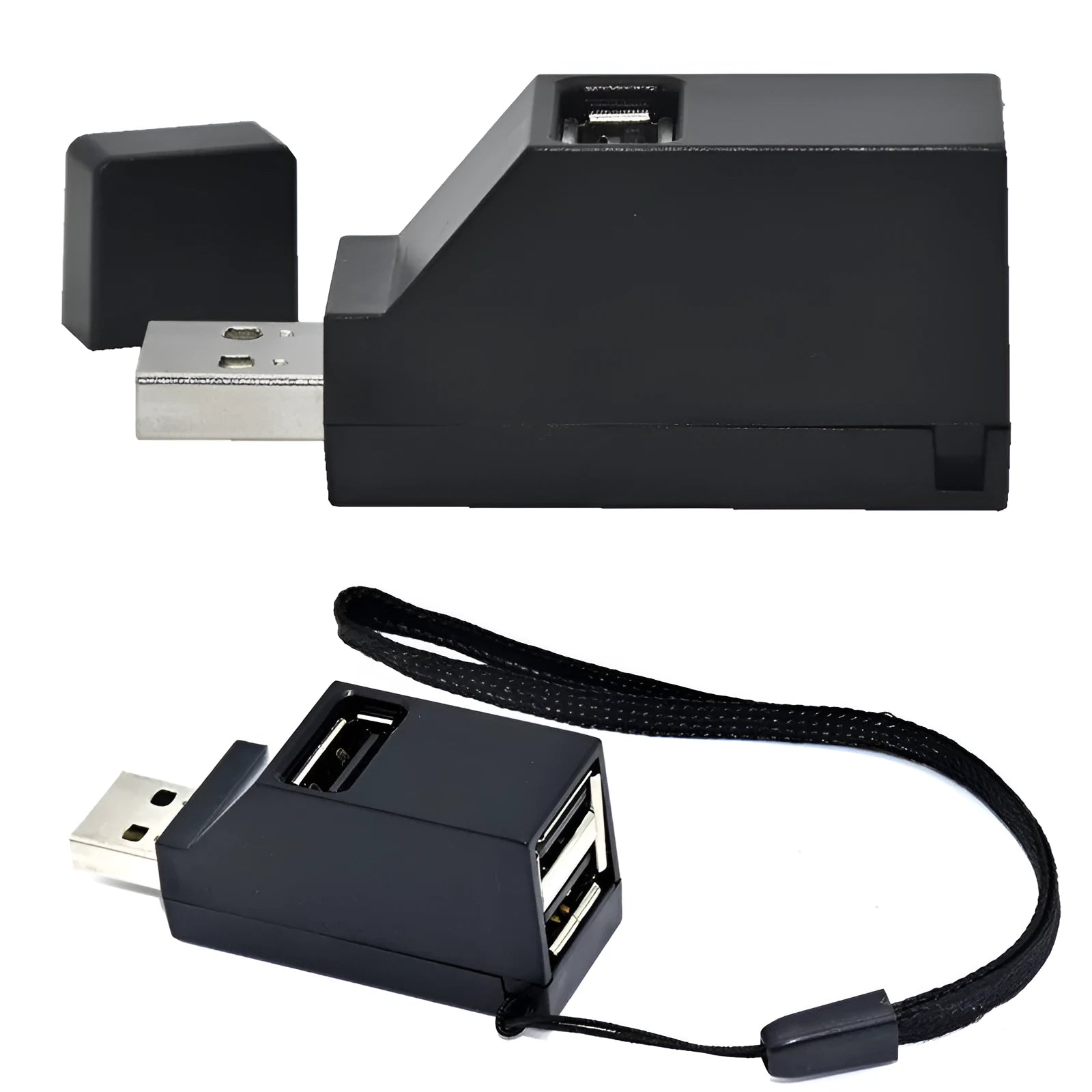 USB 2.0 mini portable splitter hub in black with four ports for laptop and desktop