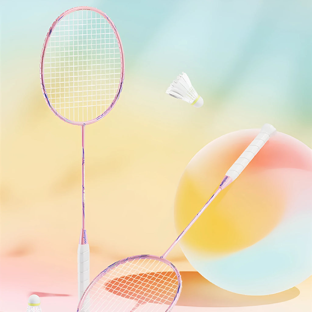 Ultra-light all-carbon fibre badminton racket with 675mm length, available in black, pink or white colour options