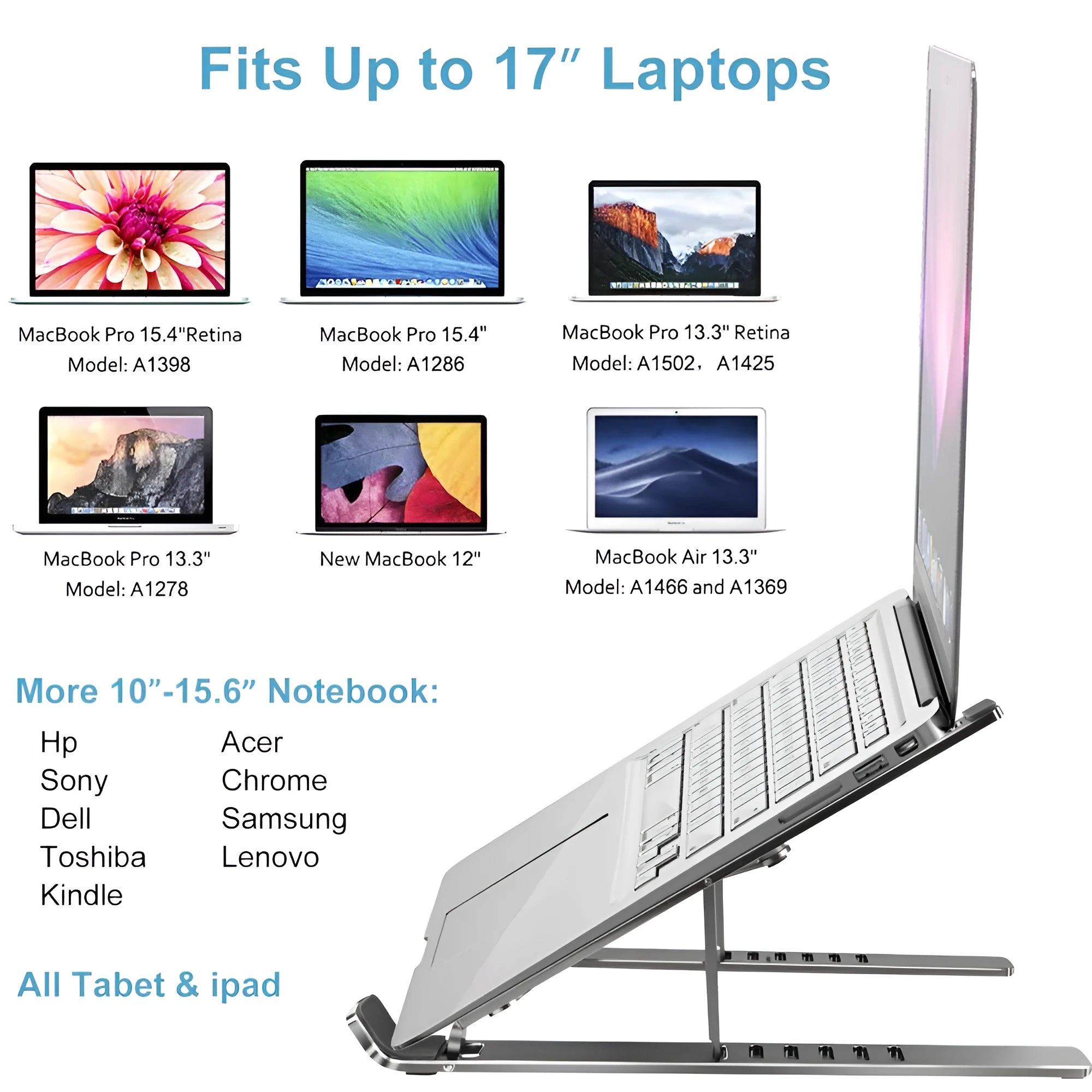Silver aluminium laptop stand folded flat showing magnetic catch and adjustment gears