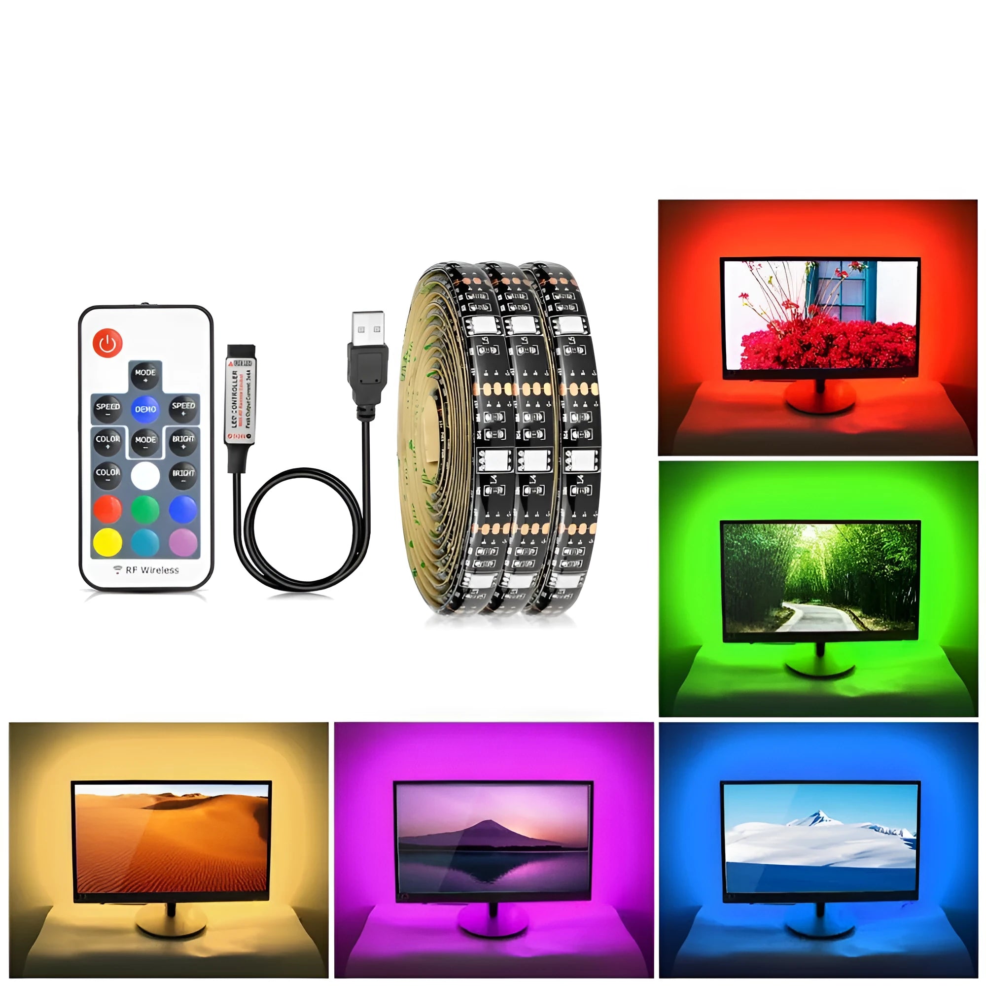 Flexible LED light strip bent into shape, showing individual LEDs and adhesive backing, next to a remote control.