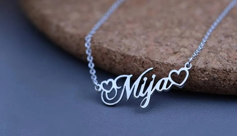 Custom women's name necklace with double empty heart pendant on 45cm stainless steel chain