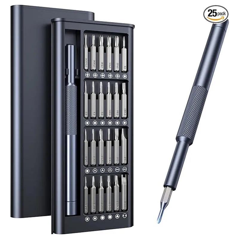 25-in-one magnetic precision screwdriver set with chrome vanadium steel bits and black ABS handle.