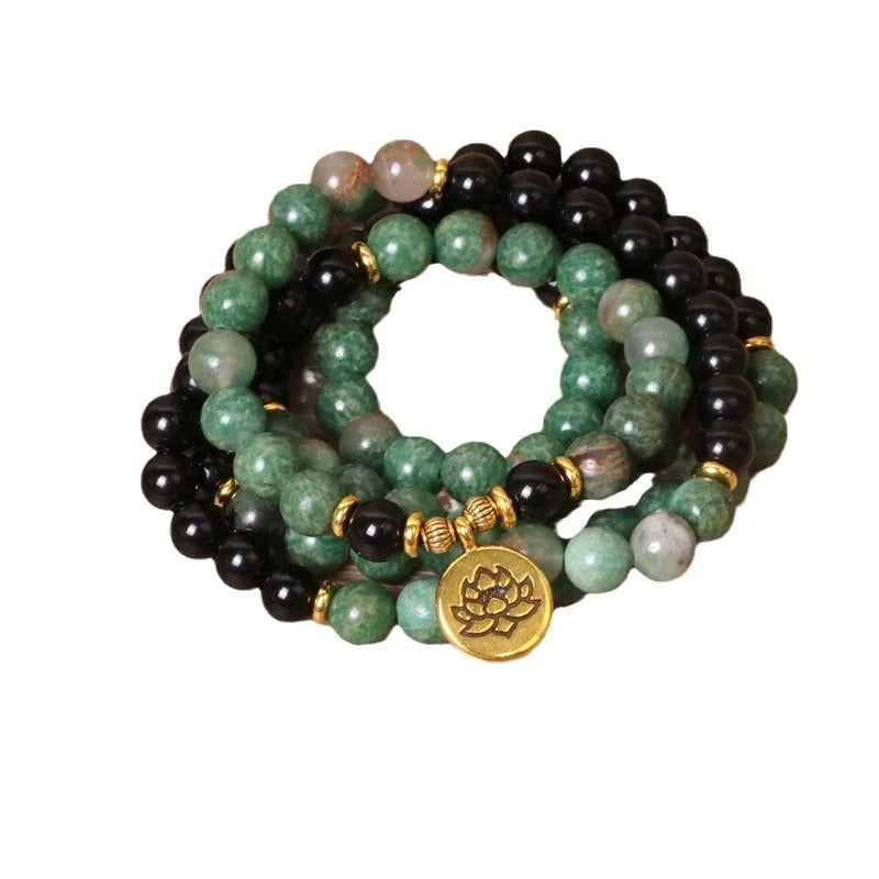 Green and black alloy elastic beaded long bracelet with stretch fit