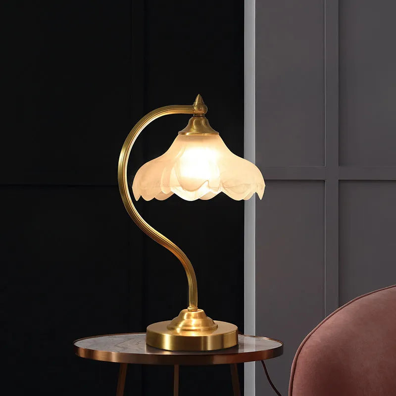 Gold copper and glass bedside lamp with fabric shade, 23cm diameter, 42cm height, on bedside table
