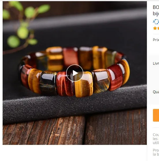 Natural tiger eye stone bracelet with round 14x10mm beads in red colour on a neutral background