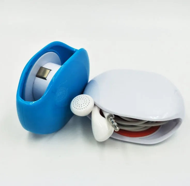Automatic earphone cable winder showing white, blue, and black units with cable retracted into 72mm storage box.