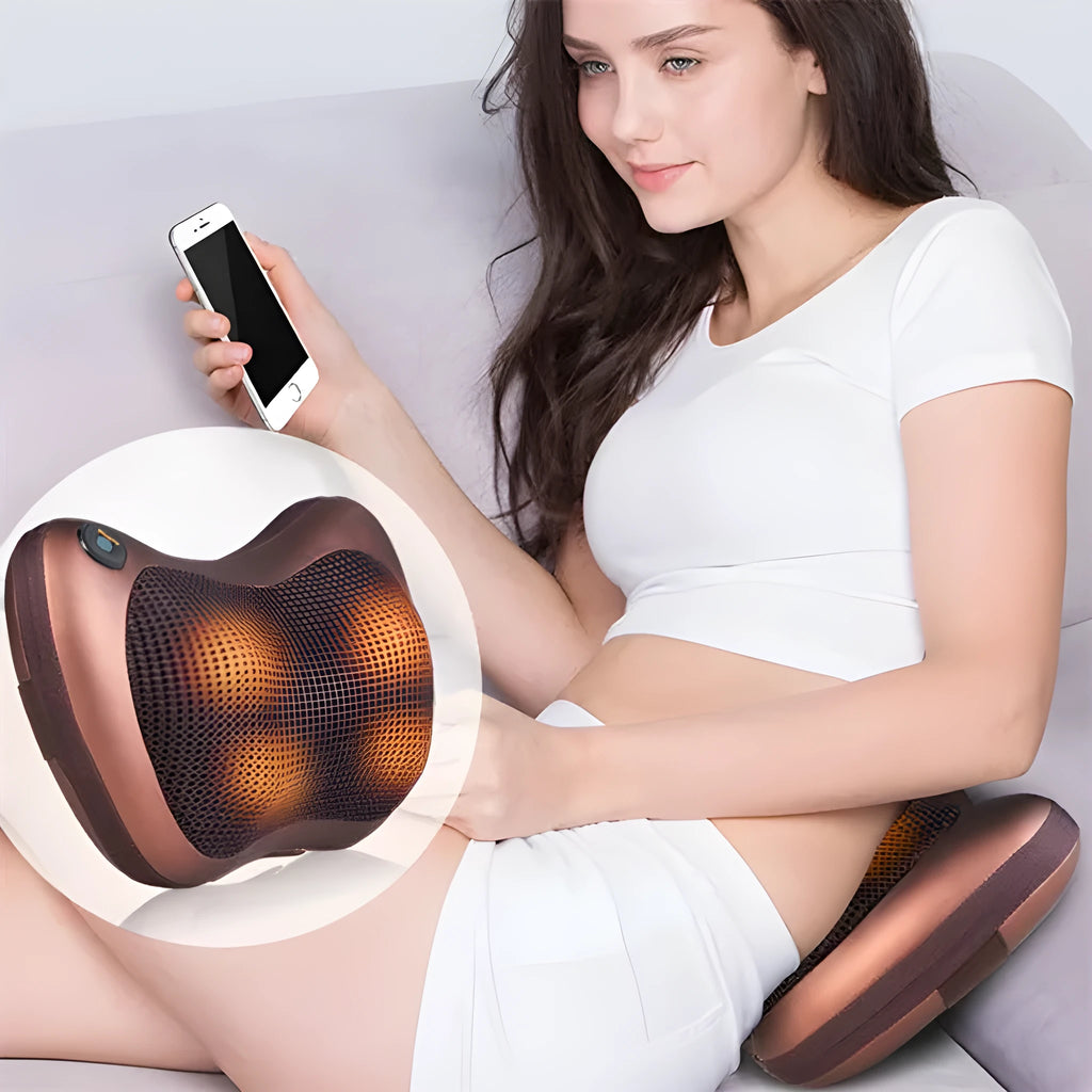 Electric neck massage pillow, coffee colour, 33x29x11cm, with infrared therapy and kneading rollers for home and car use.