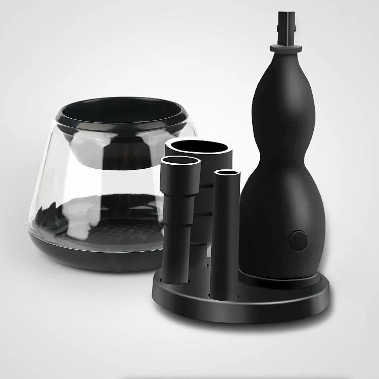 Electric make-up brush cleaner machine with three silicone transparent cans in compact 14cm cube design
