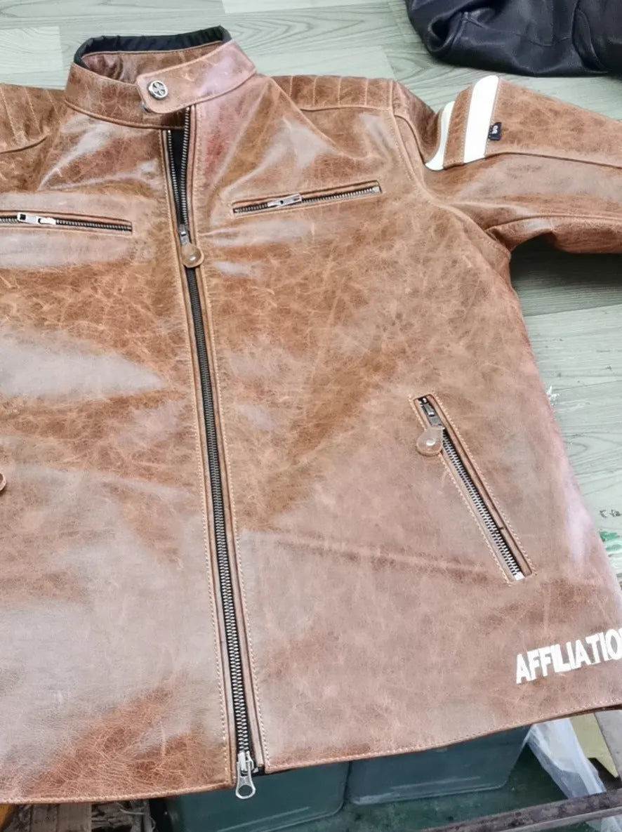 Black cowhide motorcycle leather jacket with stand-up collar and multiple front pockets, plain style, straight hem