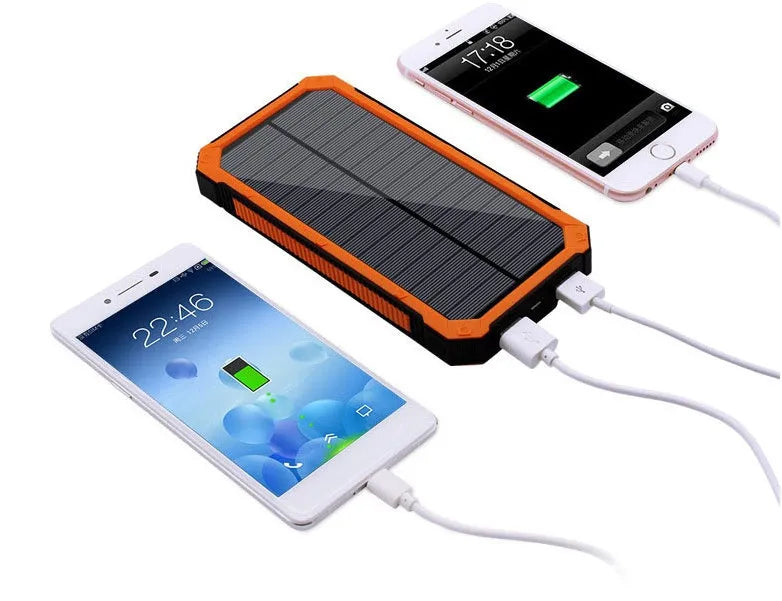 Solar power bank portable charger with plastic housing in black, green, orange, or yellow colour options