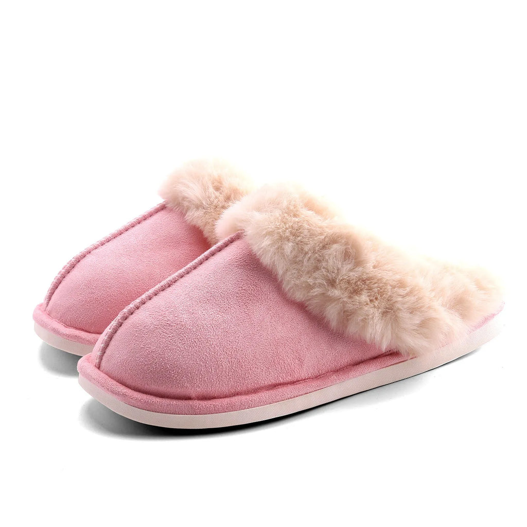 Fur furry plush house slippers with super soft velvet upper and TPR sole, shown in grey, pink, khaki, brown, off white, and brick red