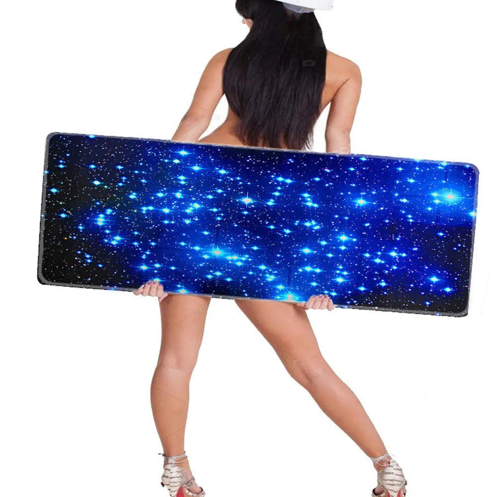 Blue star mouse pad with high-density fabric surface and anti-skid natural rubber base on a desk