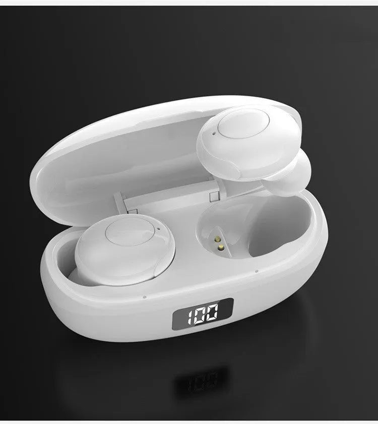 Black and white wireless in-ear Bluetooth headset with its Type-C charging case
