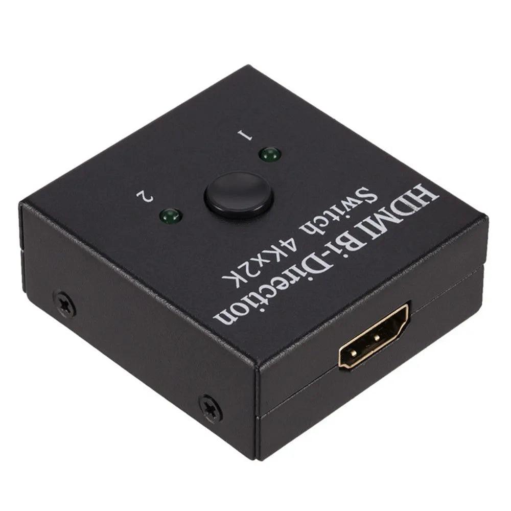 Black HDMI switcher with two input ports and one output port for 4K 2K video switching