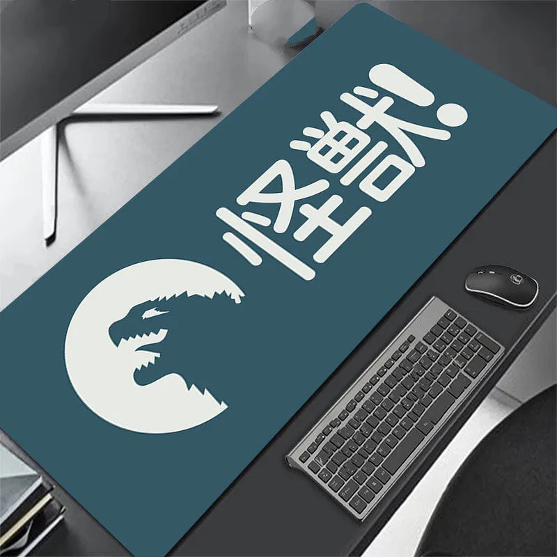 All black extra long mouse pad with precision overlock stitching on a desk
