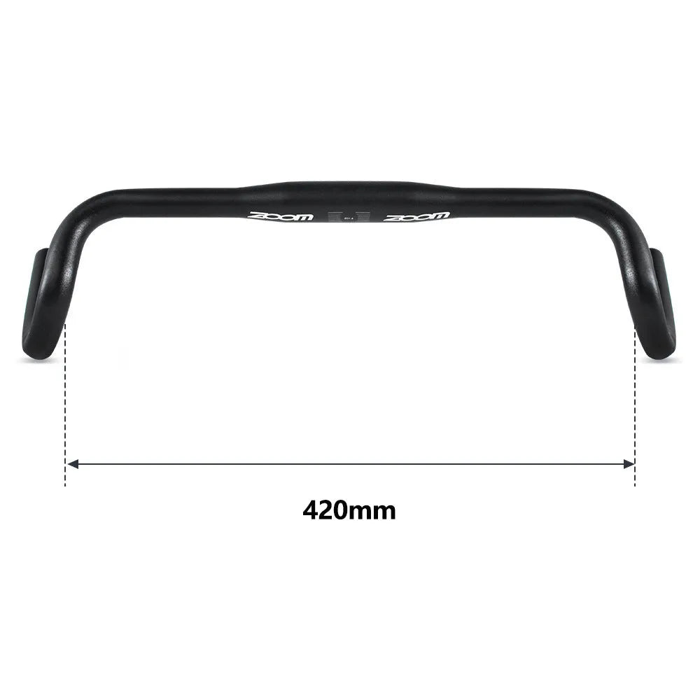 Black aluminium alloy bent handlebar for road bike with 420mm width and 31.8mm clamp diameter