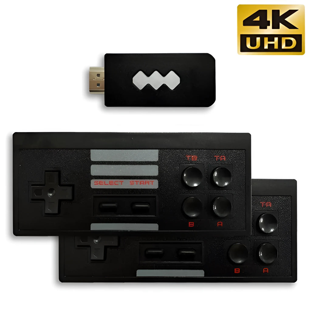 Black HD TV game console with two wireless controllers, 568 games, 4K HDMI output