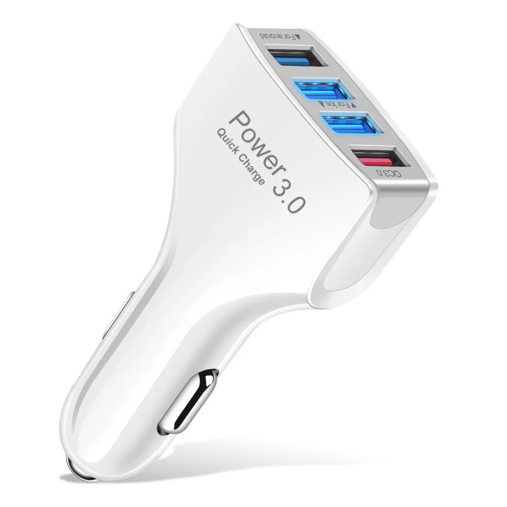 Car 4USB charger with PC fire-resistant material, black, showing four USB ports