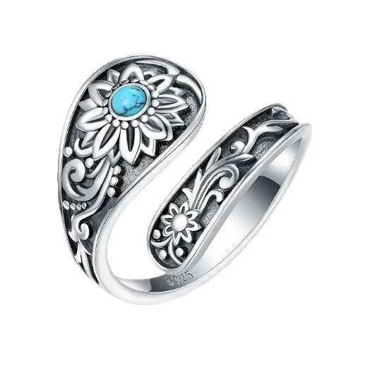 Silver alloy adjustable ring with sunflower flower shape and turquoise accent, Bohemian style for women