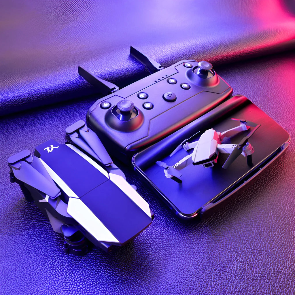 S62 folding quadcopter drone with 4K dual camera in black against white background