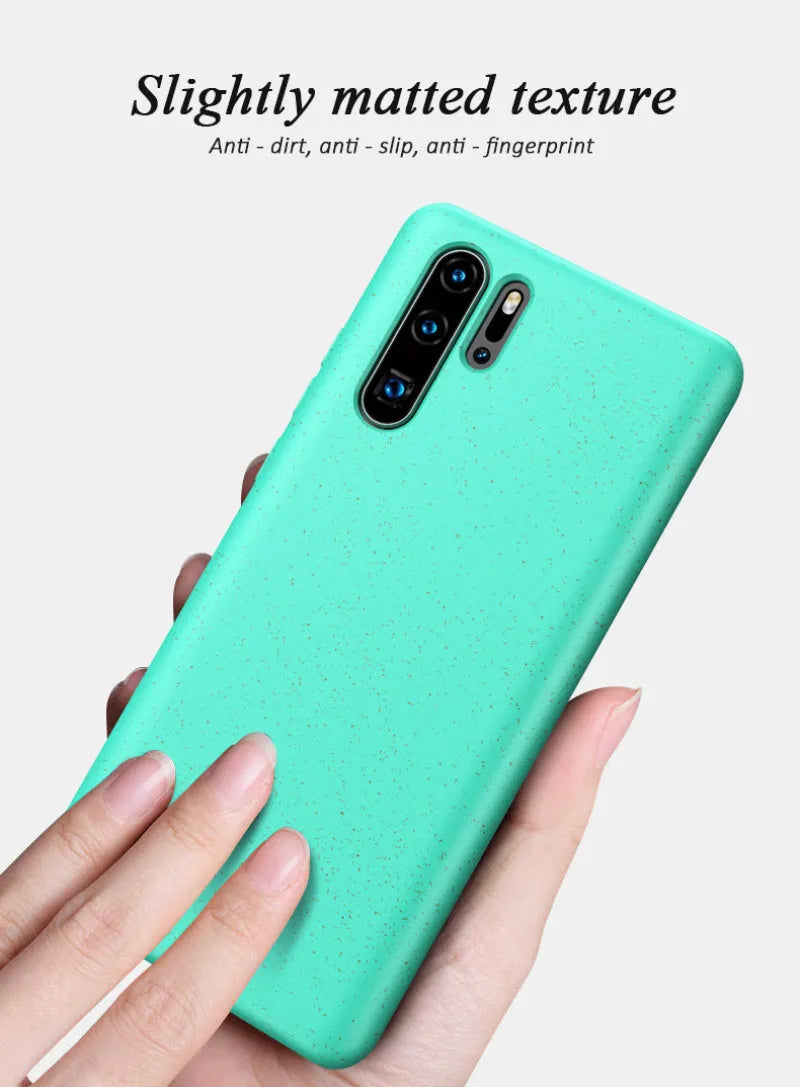 Huawei P30 TPU back cover case in Army Green colour next to a smartphone.